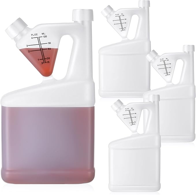 4 Pcs 32oz Tip Measure Containers Tip and Pour Measuring Containers Chemical Measuring Cups with Lids Plastic Bottle, up to 4oz Capacity (32oz)