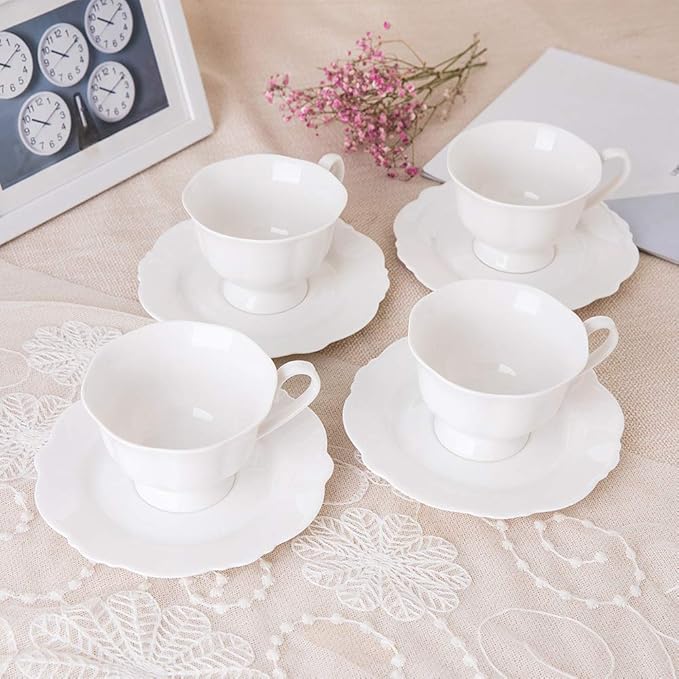 Fine China White Coffee Teacup and Saucer Sets, Set of Four