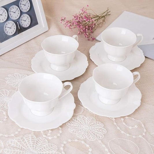 Fine China White Coffee Teacup and Saucer Sets, Set of Four