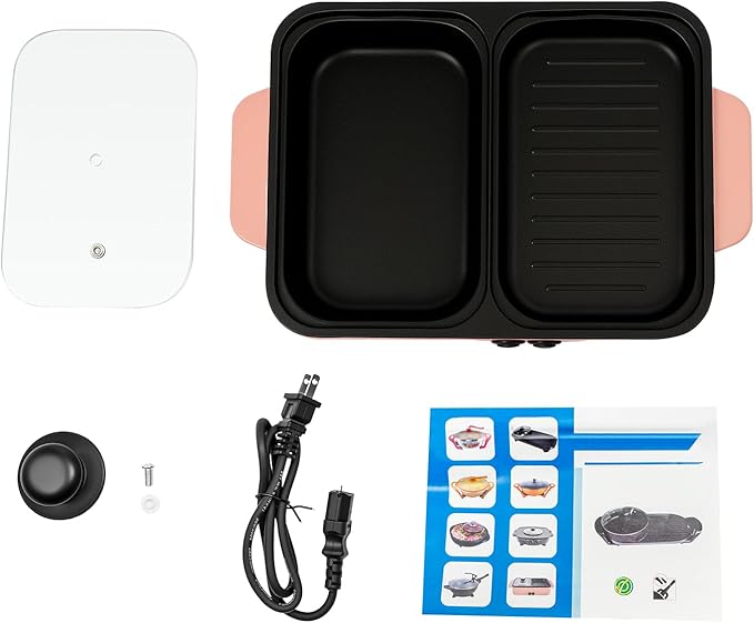 1300W & Nonstick Dual Zone Electric Hot Pot & Tabletop Grill for 3 People, Multi-Cooker for Hot Pot, BBQ, Korean BBQ, Shabu Shabu, Family Dinner & Party, 110V (1300w+mini+pink)
