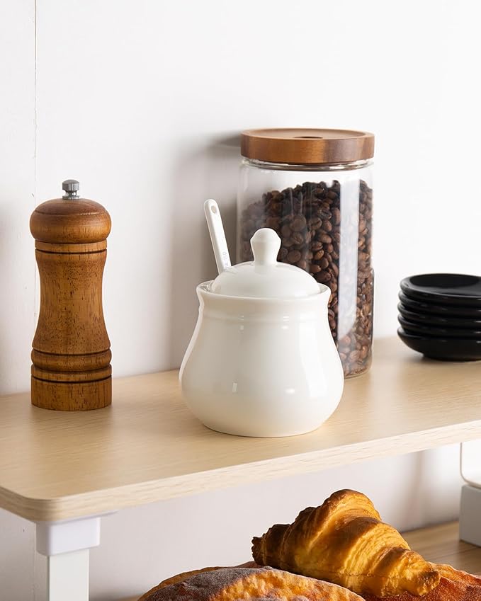 Ceramic Sugar Bowl with Lid and Spoon, 11Oz Sugar Container for Coffee Bar, Sugar Jar/Dispenser, White