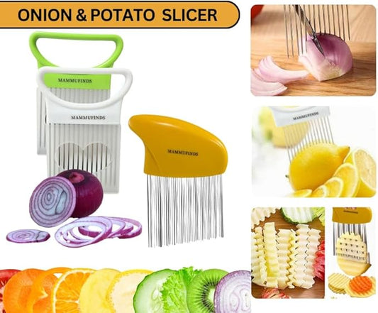Potato slicer & Kitchen Gadgets, 1 Crinkle Cutter, 1 Onion Slicer, Stainless Steel Onion Holder, Vegetable, Avocado, Tomato,Mandoline Slicer, Fruit Cutter, wavy crinkle cutter for veggies,