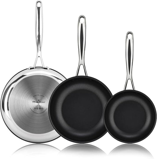 Magefesa Balance Stainless Steel Frying Pan Set, 7+9.4+11 Inches, Xylan Plus Non-Stick Coating, Energy-Saving Full Induction Base, Triple-Layer Diffuser Bottom, Oven Safe, Anti-Splash Design, Skillet