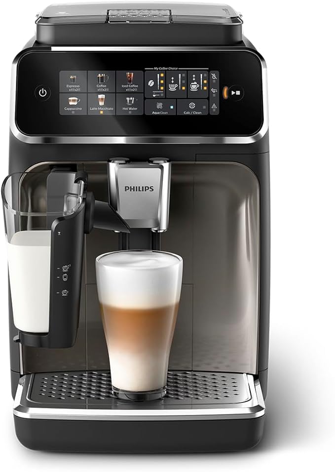 PHILIPS 3300 Series Fully Automatic Espresso Machine - LatteGo Milk System, 5 Coffee Varieties, Intuitive Touch Display, SilentBrew, 100% Ceramic Grinder, AquaClean Filter, Glossy Black (EP3347/90)