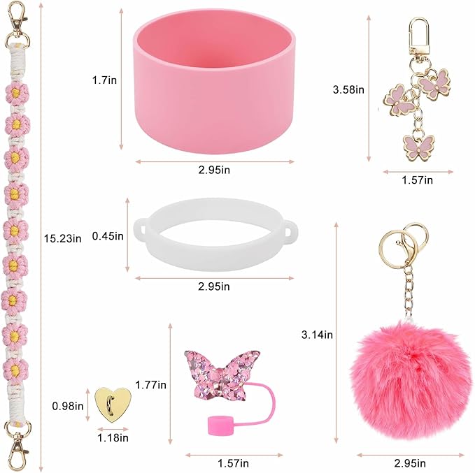Accessories Set Including Water Bottle Handle Strap, Silicone Boot, Resin Butterfly Straw Cover, Straw Topper, Lip Balm Sleeve, Butterfly & Hairball Charms for Stanley Cup Tumbler