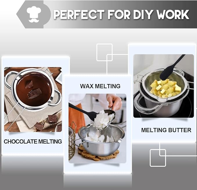 Double Boiler Pot Set, 600ml/0.5QT Chocolate Melting Pot with 1.5QT 304 Stainless Steel Pot, Melting Pot with Silicone Spatula for Melting Chocolate, Candy, Candle, Soap, Wax