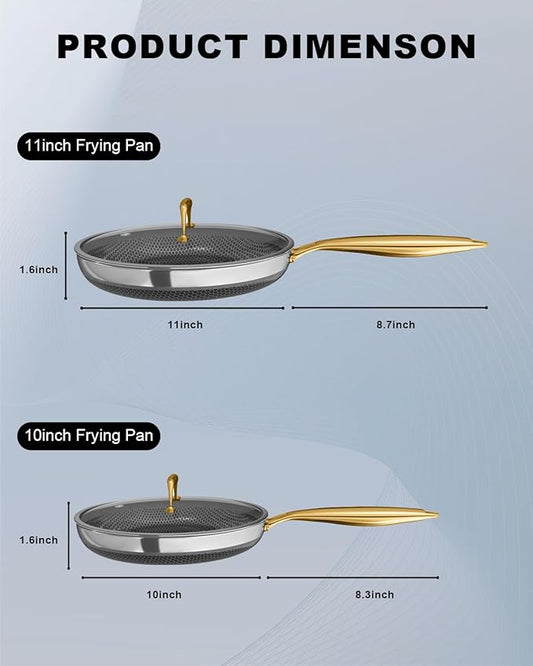 Fogdream 10“11” Non Stick Frying Pans, Stainless Steel Skillet with Lid, Tri-Ply Stainless Steel for All Cooktops, Dishwasher and Oven-Safe Cooking Pan, Stay-Cool Handle, Gold