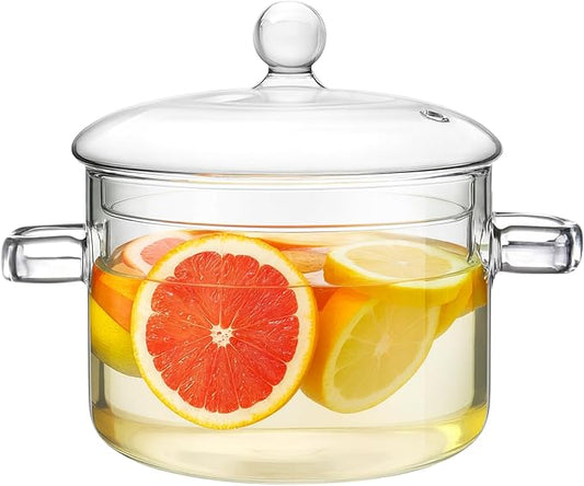 Glass Cooking Pot, 1.9L/64oz Heat-Resistant Borosilicate Glass Saucepan with Cover, Cookware Set Stovetop Pot for Cooking, Soup, Milk, Tea, Fruit and Spices