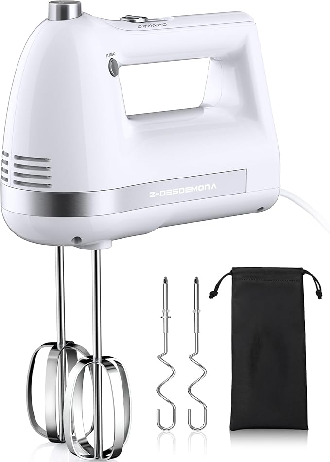 Z-DESDEMONA Electric Hand Mixer, Powerful 300W Hand Mixer Electric Handheld with 304 Beaters, Dough Hook,Hand Held Mixer with Turbo for Baking Cakes, Eggs, Cream Food(White)