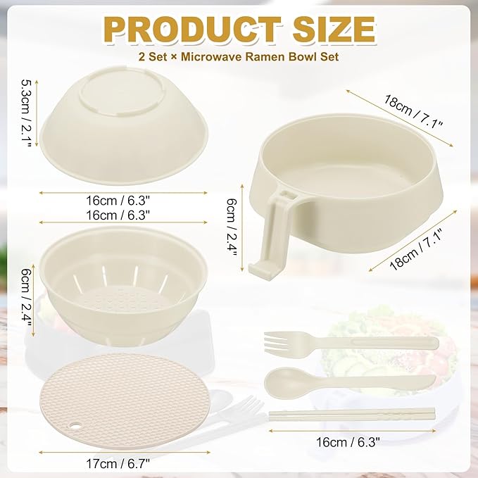 uxcell 2 Sets Microwave Ramen Bowl Set, Wheat Fiber Noodle Bowls Plastic Cooker with Lid Handle Fork Spoon Chopsticks for College Dorm Room Apartment, (Beige)