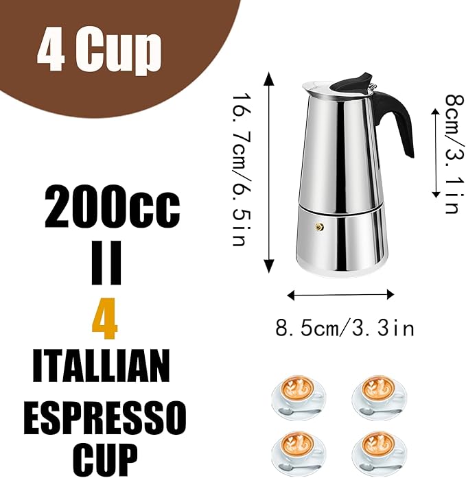 DITOSH 4 Cup Stovetop Espresso Maker Stainless Steel Moka Pot Stove Top Percolator Italian Coffee Makers Capable Mocha Greca Machine Cafe Classic Induction Cookers for Home and Camping 200ml 6.6oz