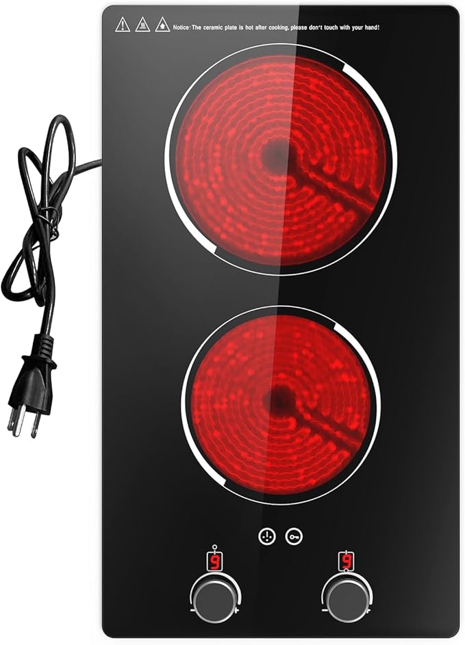 2 Burner Electric Cooktop - 12" Infrared Electric Stove Top with Knob Control, Countertop & Built-in, 2100W Ceramic Electric Hot Plate with 9 Power Levels, Child Lock, Timer, Residual Heat Warning