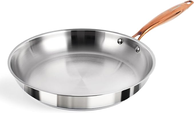 ciwete 12 Inch Tri-Ply Stainless Steel Frying Pan with Brass Cool Handle, Professional Quality Skillet Suitable for All Stove, Oven and Dishwasher Safe, PFOA PTFE PFOS Free, Fast and Even Heating