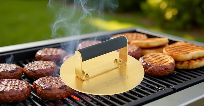 2.3LB 8inches 304 goldenStainless Steel Heavy Duty Burger Press, Bacon Press Barbecue Press Meat Press Garlic Press Round Burger Smasher Griddle Press