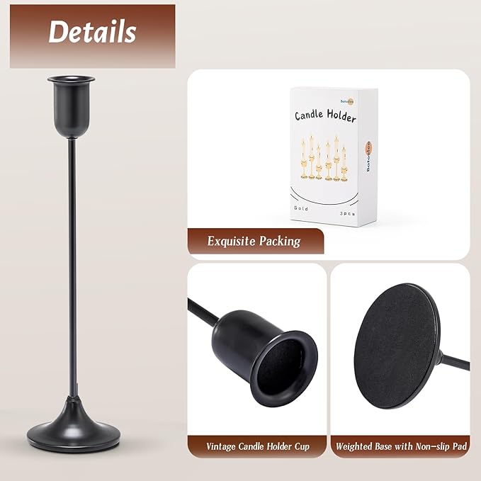 Candle Holder 3 PCS Candlestick Holders, Black Taper Candle Stick Holder, Modern Decorative Centerpiece, Christmas Decor, Gift for Home Fireplace Housewarming Candelabra Décor