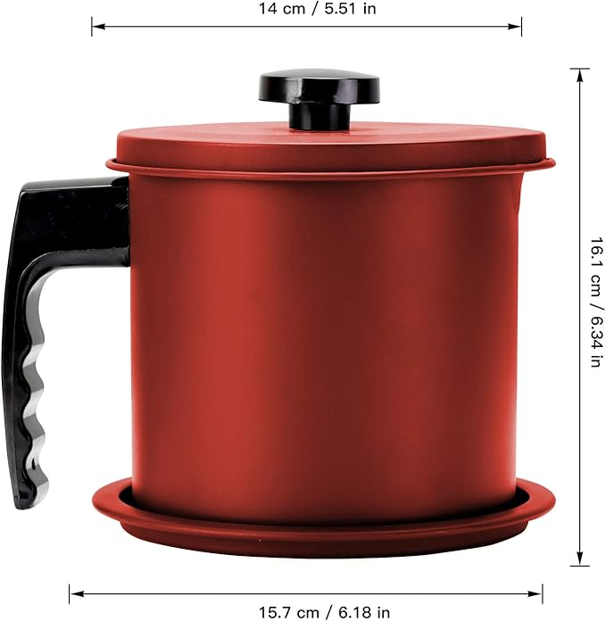Cambom Bacon Grease Container with Fine Mesh Strainer, 1.3 L almost 6 Full Cups Iron Cooking Oil Can with Removable a Coaster Tray for Kitchen Fat Storage Red