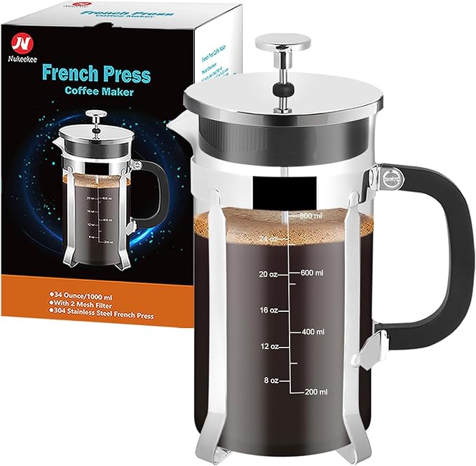 Nukeekee French Press Coffee Maker,34oz 304 Stainless Steel with 2 Filter, Heat Resistant Durable, Easy to Clean, Borosilicate Glass Press, BPA Free Glass TeaPot-34 Ounce 1 Liter (Chrome)
