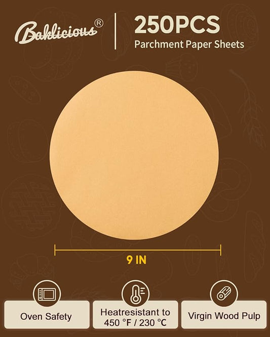 Baklicious 250Pcs 9 Inch Parchment Paper Rounds. Non Stick Round Parchment Paper, Baking Parchment Circles for Cake Baking, Patty Separating, Tortilla Wrapping