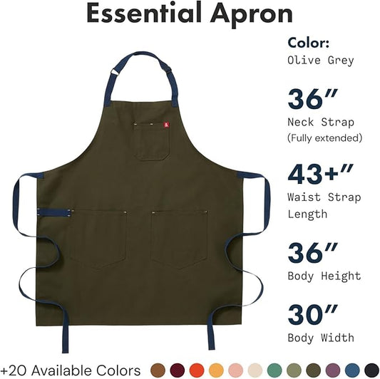 hedley & bennett Essential Apron - Lightweight Cotton Canvas Kitchen Apron with Pockets & Towel Loop - Professional Chef Workwear for Baking & Cooking - Olive