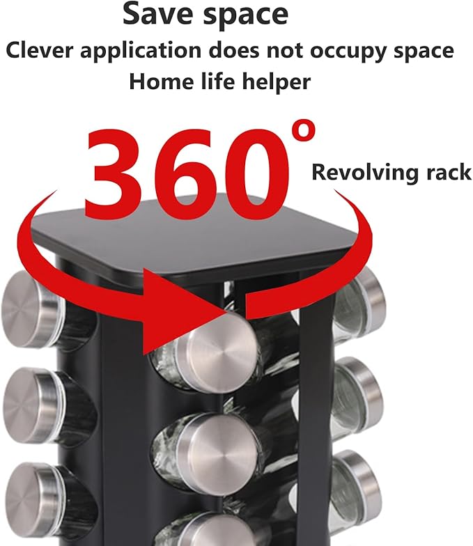 Spice rack-Revolving Spice Rack Set, Kitchen Spice Tower Organizer for Countertop or Cabinet -Desktop Rotating Seasoning Organizer(Stainless Steel) (Black, SquareHead_12Jars)
