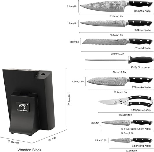 NANFANG BROTHERS Knife Set, 9 Pieces Damascus Kitchen Knife Set with Block, ABS Ergonomic Handle for Chef Knife Set, Knife Sharpener and Kitchen Shears, Knife Block Set