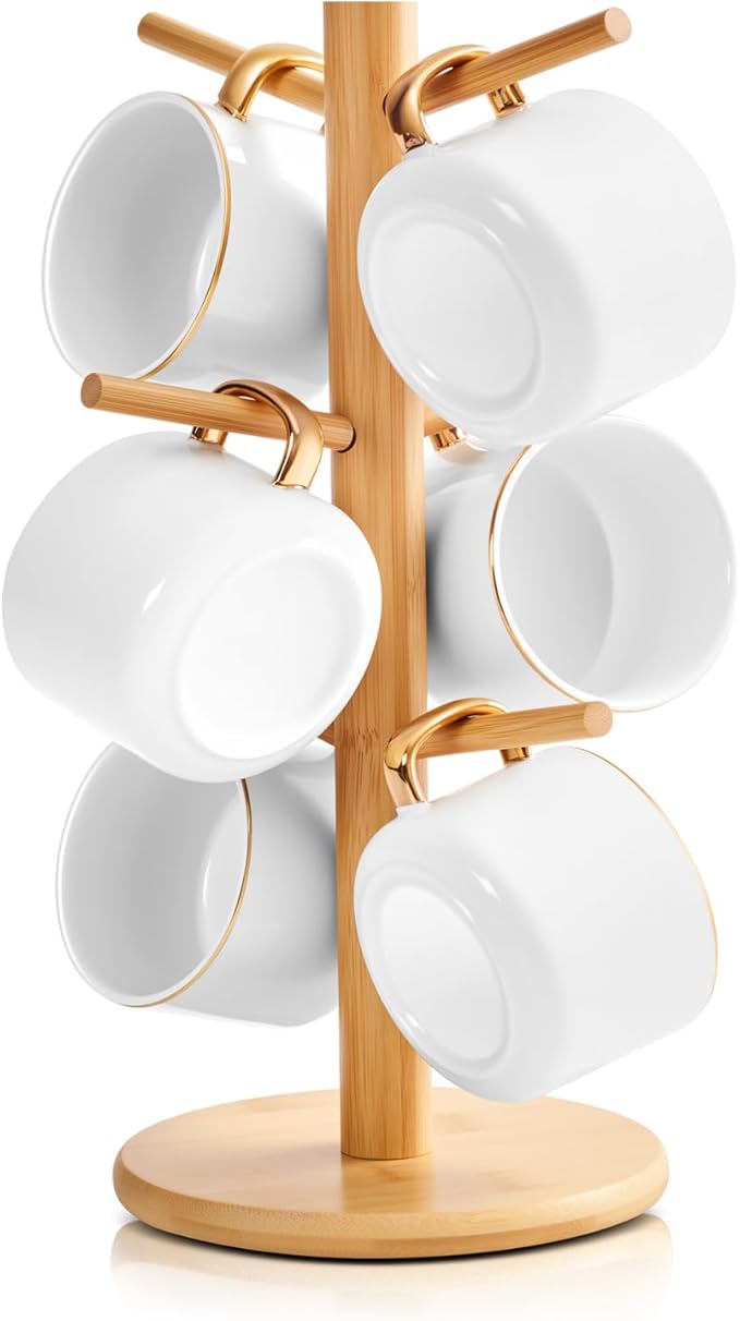 Bamboo Mug Tree for Counter, 6 Hooks Detachable Coffee Mug Holder, Decorative Mug Racks for Coffee Bar
