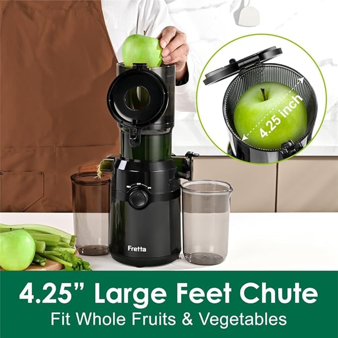 Juicer Machines,Fretta Cold Press Juicer with 4.25" Large Feed Chute,Fit Whole Fruits & Vegetables,High Juice Yield,PCTG Material,BPA-Free,Black