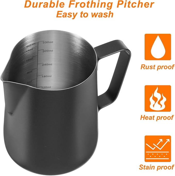 uxcell Milk Frothing Pitcher, 12oz / 350ml Stainless Steel Milk Frother Cup with Scale for Milk Steaming Pitcher Latte Art Cappuccino Coffee Espresso Accessories Tool, Black