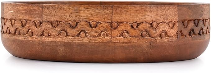 EDHAS Mango Wood Decorative Round Carved Bowl for Decoration, Centerpiece Bowl for Table (10" x 10" x 2.5")