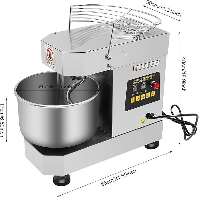 10L Commercial Dough Mixer, 750W Stand Mixer with Stainless Steel Bowl, Dual Rotating Dough Kneading Machine Heavy Duty Dough Blender with Timing Function for Bakery, Cream, Pizzeria
