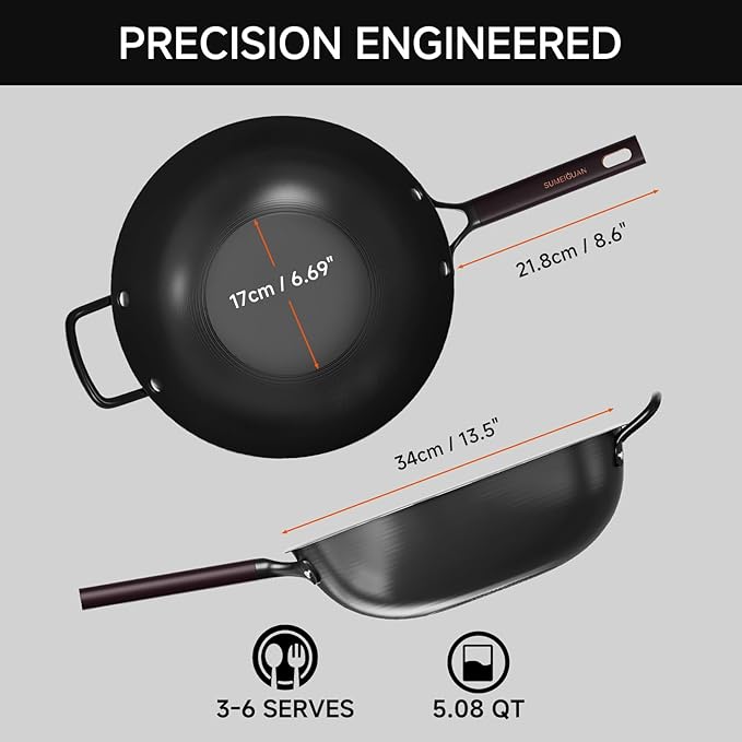 SUMEIGUAN 13.5" Carbon Steel Wok Pan - Pre-Seasoned Flat Bottom Woks & Stir-fry Pans Chinese Cookware with Lid & Spatula - For Pan-fry,Stir Fry, Steam, BBQ & Camping - Compatible with Induction, Gas