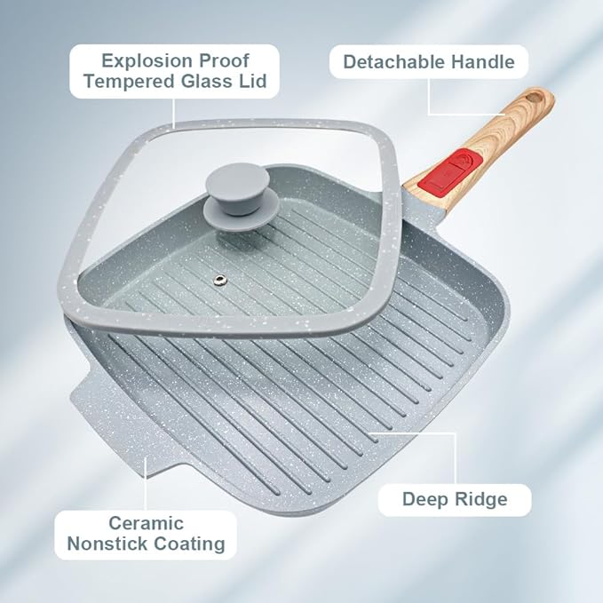 RANX INGST Nonstick Ceramic Griddle Pan with Lid, 10 Inch Steak Pan with Detachable Handle Induction Compatible, PFOA Free - Blue