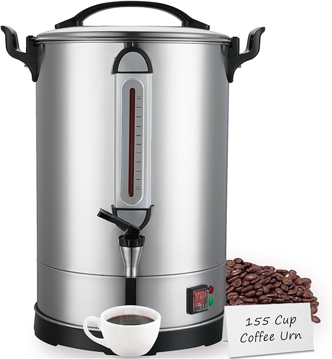 Coffee Percolator Large Coffee Maker 155 Cups Commercial Coffee Urn Electric Industrial Coffee Maker Hot Water Dispenser Machine for Catering, Church, Restaurant Dual Layer Stainless Steel 1500W 120V