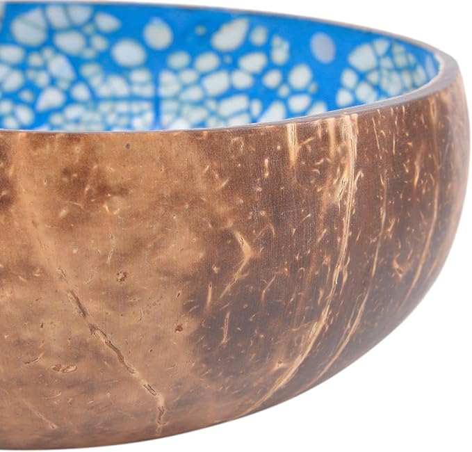 ChezMax Natural Coconut Bowl with Mother of Pearl Inlaid Shell - Handcrafted Home Decoration, Entryway Table Key Bowl or Candy Container, Fruit and Nuts Holder (Blue)
