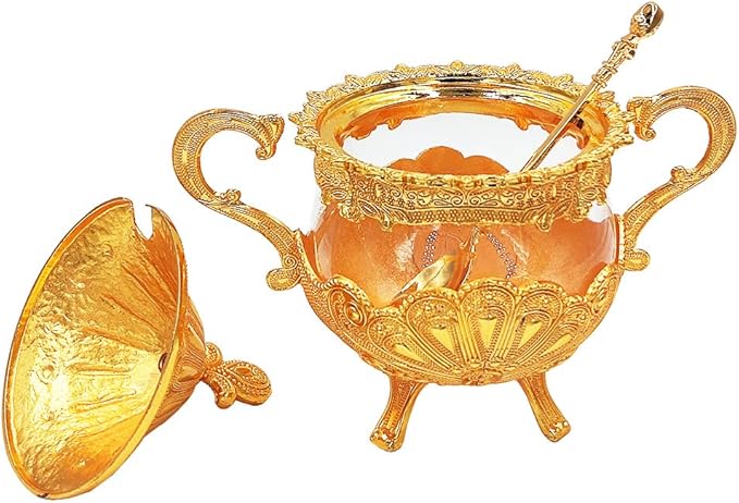Hourwof Sugar Bowl with Lid and Spoon for Kitchen Coffee Bar and Wedding Party,Metal and Glass Sugar Container for Sugar Cube and Powder Sugar,Spice Condiment Container,Salt Server,Gold