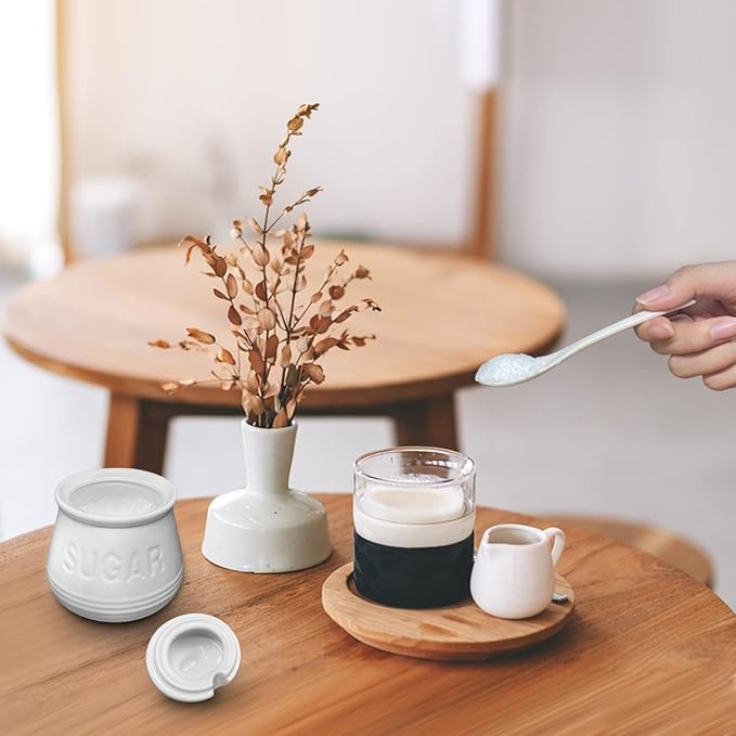 Sugar Bowl with Lid and Spoon, Ceramic Sugar Containers for Countertop, Sugar Dish Jar Coffee Bar Accessories, Covered Sugar Holder for Kitchen 12oz, White