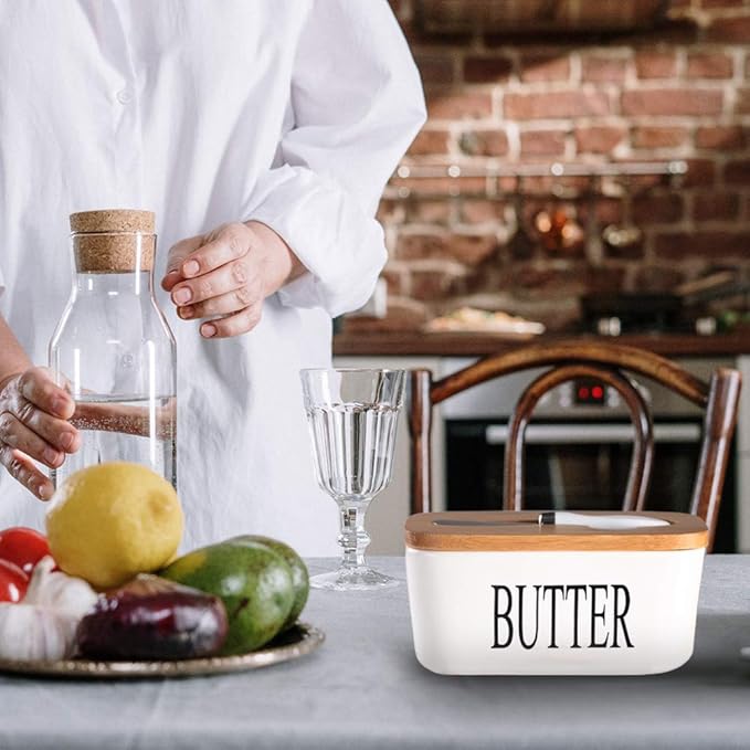 Ceramic Butter Dish with Wooden Lid, Large Butters Container Keeper Storage with Stainless Steel Knife Spreader, Bamboo Cover and Silicone Sealing Ring for West East Coast, White