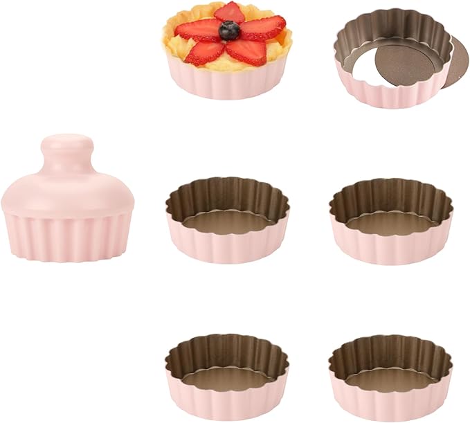 1 Inch Deep Mini Tart Pan Set, 6PCS 3.6 Inch Tart Pans with Removable Bottom and Tart Tamper, Nonstick & Durable Bakeware, Ideal for Mini Pies, Tarts, Quiches, Cheesecakes, (Pink)