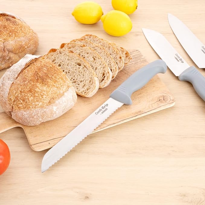 Restaurantware Comfy Grip 8 Inch Bread Knife 1 Sharp Serrated Knife - Ergonomic Handle Non-Slip Grip Gray Stainless Steel Bread Cutting Knife Dishwashable Slice All Types Of Bread