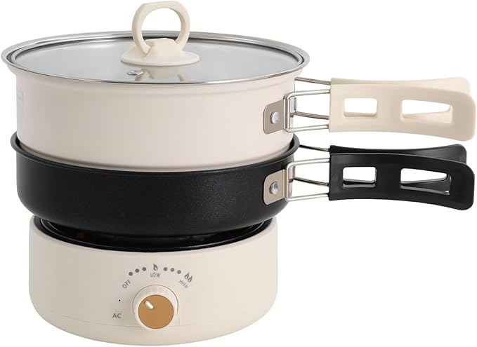 500W 1.6L Portable Electric Hot Pot with Foldable Handles, Power Adjustment Non-stick Frying Pan Mini Hot Pot Multi-Functional Ramen Noodle Cooker for Pasta, Steak (White)