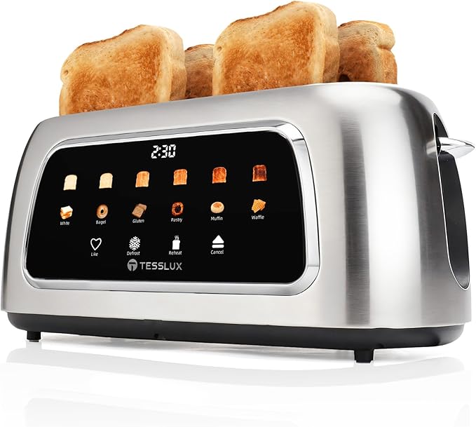 Tesslux 4 Slice Toaster with Touch Screen Control, 1.5" Wide Long Slots, 6 Browning Levels & 6 Bread Types, Digital Timer, Memory, Defrost, Reheat (SILVERY)