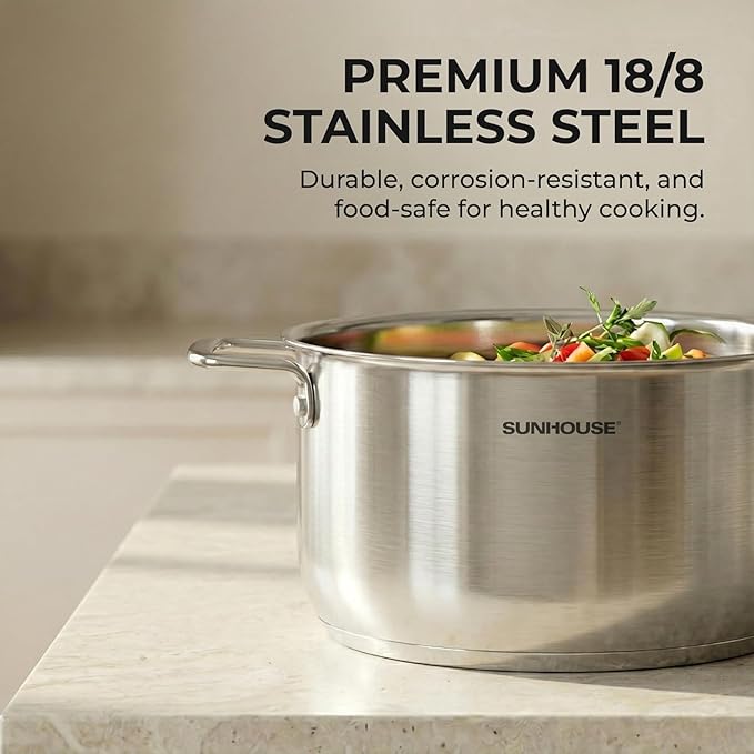 SUNHOUSE 18/8 Stainless Steel Stock Pot - 6 Quart Heavy-Duty Induction Cooking Pot with Visible Lid for Pasta, Soup, Spaghetti - Nonstick Thick-Bottom Deep Stockpot for Canning, Boiling, and Simmering