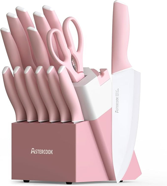 Astercook Knife Set, Kitchen Knives Set with Block and Sharpener Ceramic Coating 15 Pcs German Stainless Steel Knives Sharp Blade Dishwasher Safe Deba Knives with Ergonomic Handle, Crystal Pink