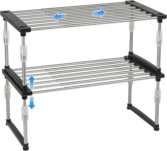 carrotez 2 Pack Expandable Cabinet Organizer, Set of 1 Width & Height-Adjustable Kitchen Cabinet Organizer Shelf, Stackable Kitchen Counter Shelf, 11.8~19.6 x 7.8 x 5.9~9" Black