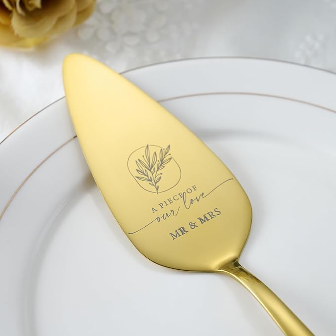 AW BRIDAL 4Pcs Wedding Cake Cutting Set with Forks, Stainless Steel Engraved Wedding Cake Knife Pie Server Gifts for Bridal Shower Engagement, Gold