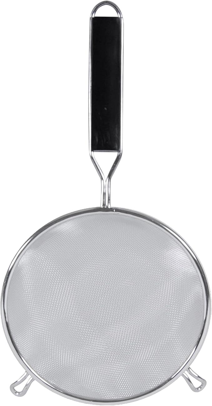 TrueCraftware- 8-Inch Single Fine Mesh Strainer Stainless Steel 6-1/2" Handle Length Black Plastic Handle- Kitchen Utensil Food Strainer Skimmer Spoon for Cooking Sieve Sifters Pasta Fruits Vegetable