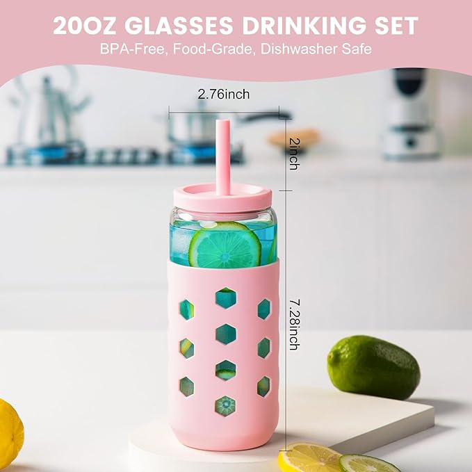 20 oz Glass Cups With Lids and Straws, 4-Pack Iced Coffee Cup - Smoothie Cup With Silicone Lid and Sleeve for Coffee Bar Accessory, Cute Drinking Glasses Set Reusable Glass Tumbler for Gifts
