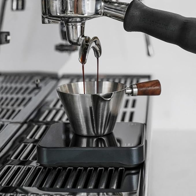watchget 3.4oz/100ml Crema-Removed Espresso Shot Cup with Wooden Handle Stainless Steel Espresso Measuring Cup Espresso Shot Pitcher with V-Shaped Mouth for Barista Cafe Home