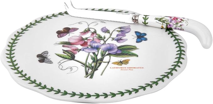Portmeirion Botanic Garden 9-Inch Cheese Plate & 8-Inch Pronged Knife, Sweet Pea Motif - Durable Porcelain Tableware & Stainless Steel Flatware, Dishwasher Safe - Farmhouse Dinnerware Made in England