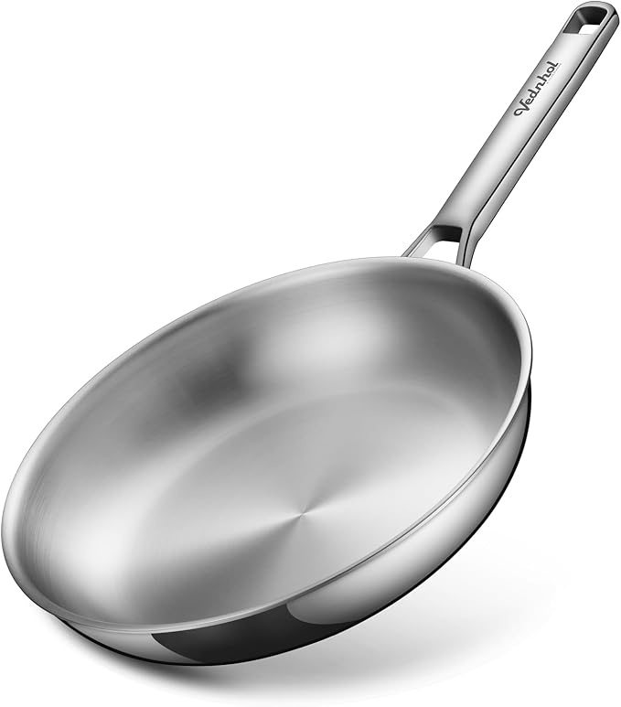 VEDNHOL Stainless Steel Pan,12 Inch Stainless Steel Frying Pan,Tri-Ply Stainless Steel Skillet,Steel Pan for Cooking,PFOA&PTFE Free,Dishwasher and Oven Safe,Induction&All Stove Compatible